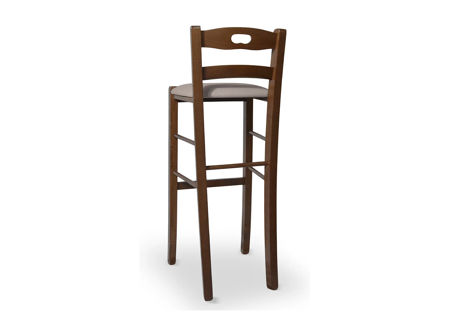 Tabouret de bar de 80 cm de haut en bois de noyer foncé avec poignée et assise en similicuir gris tourterelle