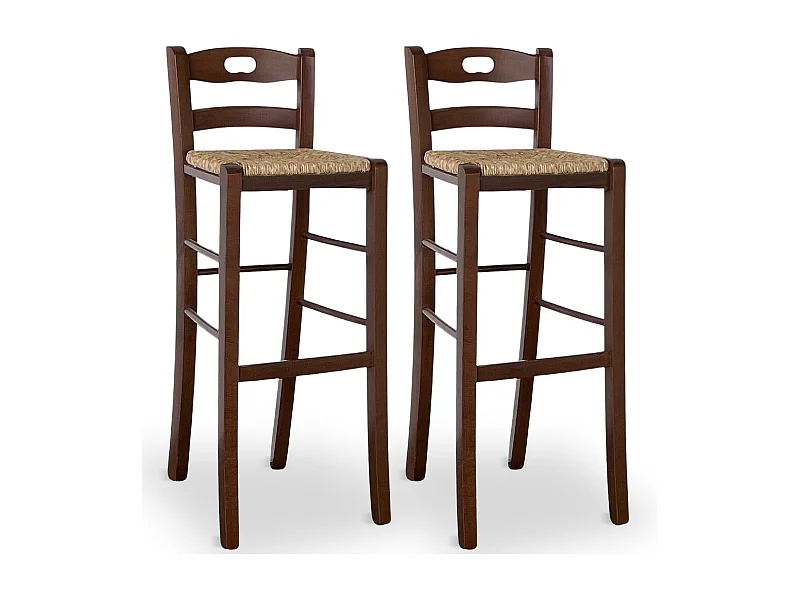 Set 2 sgabelli da bar in legno noce scuro h 80 cm con foro e seduta in paglia