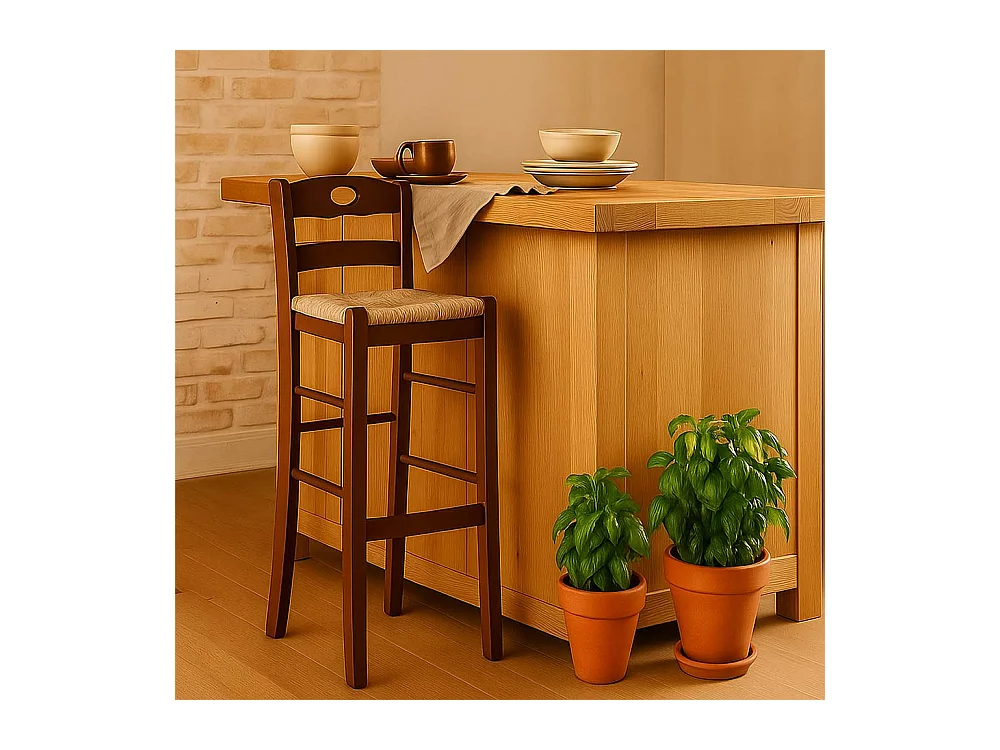 Ensemble de 2 tabourets de bar en noyer foncé, hauteur 80 cm, avec un trou et une assise en paille.