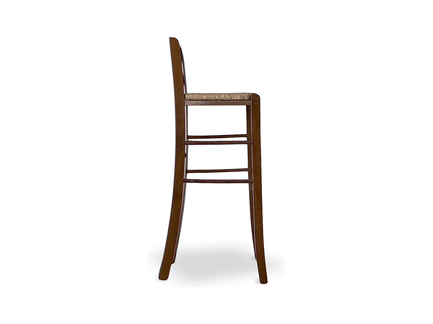 Ensemble de 2 tabourets de bar en noyer foncé, hauteur 80 cm, avec un trou et une assise en paille.