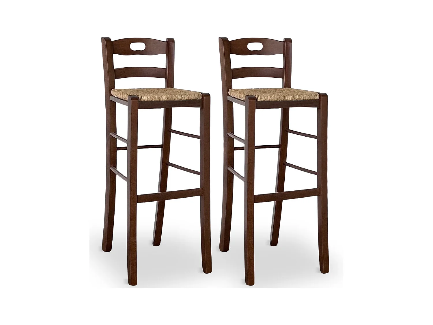 Set van 2 barkrukken in donkere notenhoutkleur, 80 cm hoog, met een zitting van gat en riet.