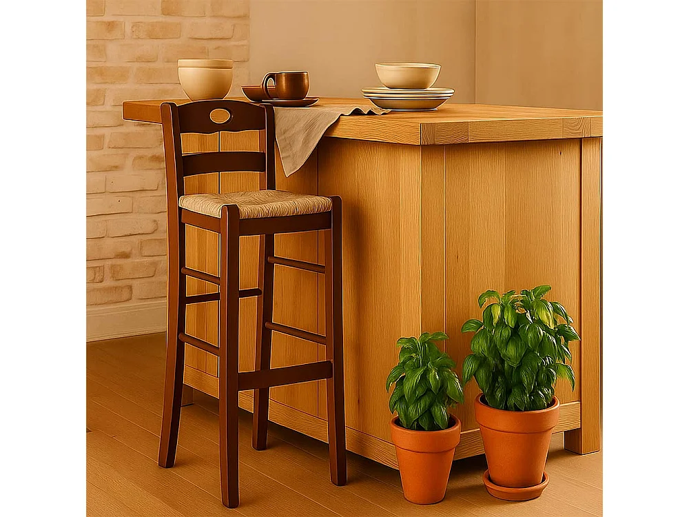 Ensemble de 2 tabourets de bar en noyer foncé, hauteur 80 cm, avec un trou et une assise en paille.