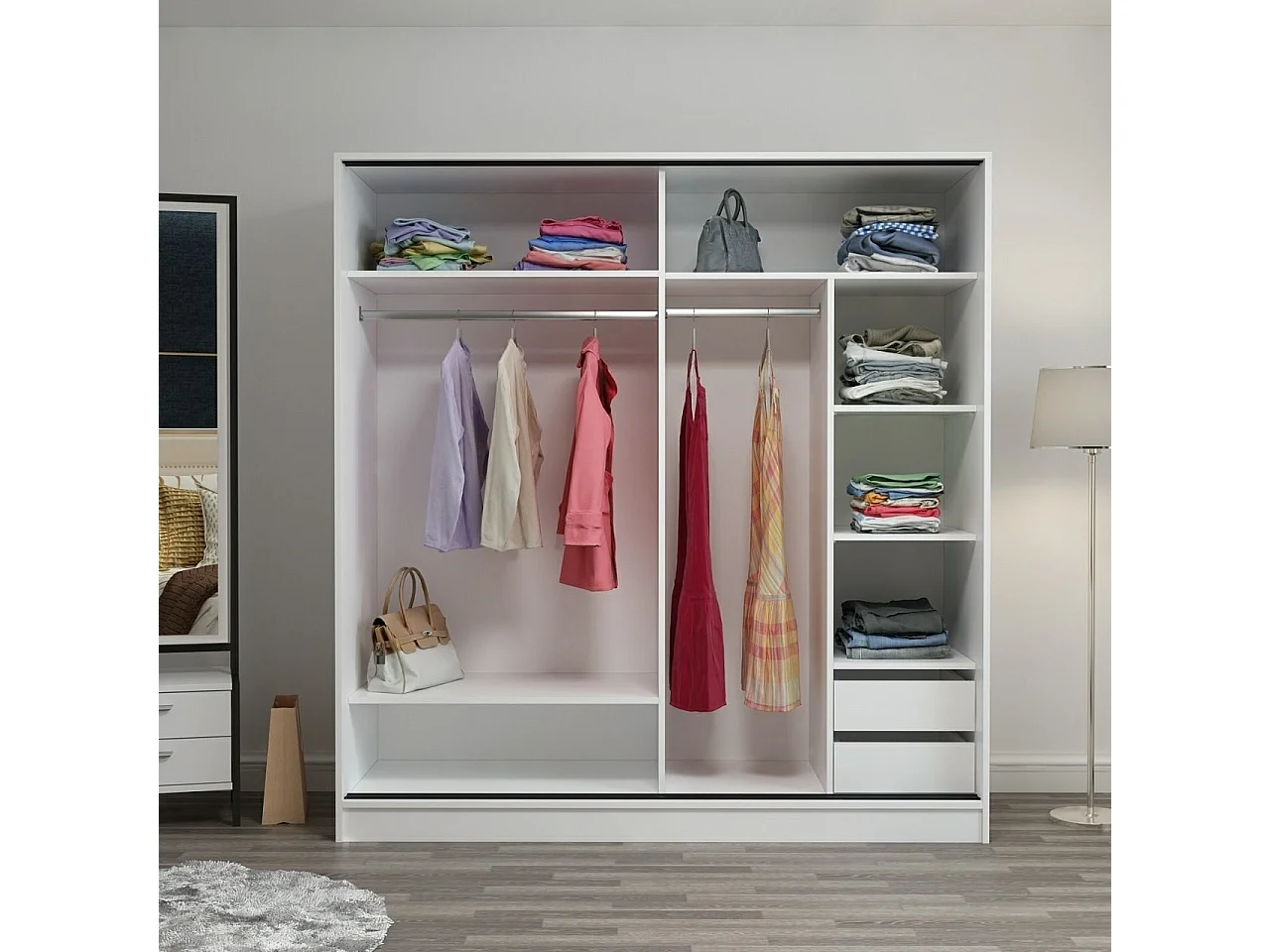 Guardaroba Kailua T102, Quercia|Bianco, 190x180x60cm, Porte guardaroba: Scorrevole