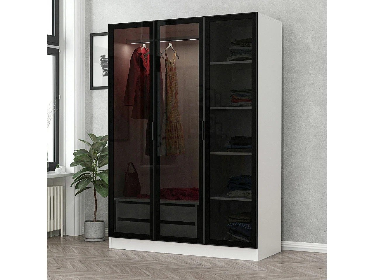 Armario Kailua S103, Negro|Blanco, 210x135x52cm, Puertas de armario: Con bisagras