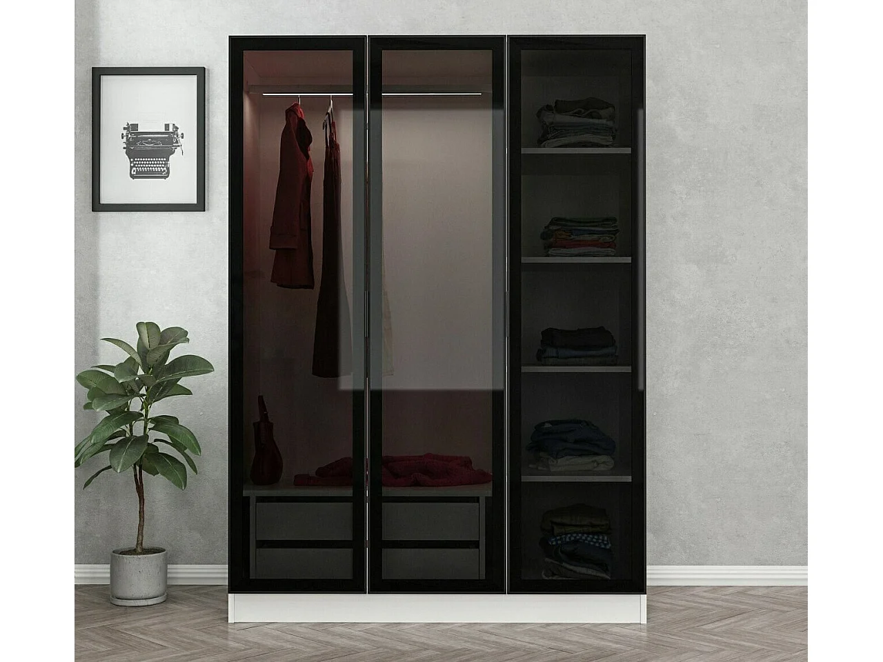 Armario Kailua S103, Negro|Blanco, 210x135x52cm, Puertas de armario: Con bisagras