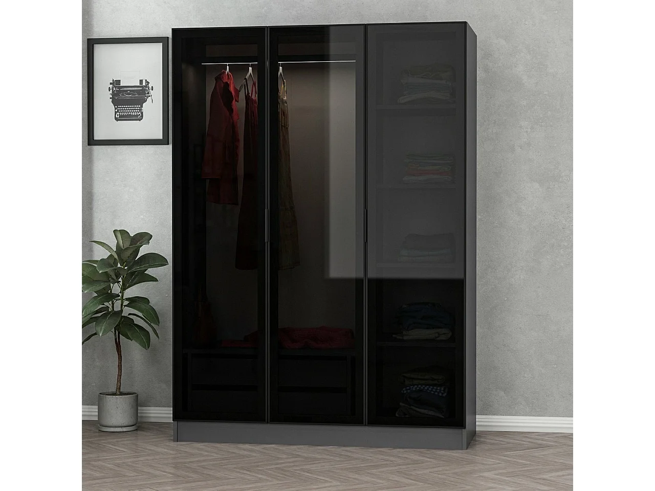 Guardaroba Kailua S103, Nero|Antracite, 210x135x52cm, Porte guardaroba: Con cerniere