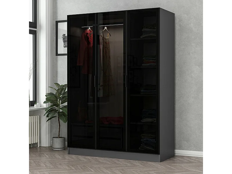 Dressing 3 portes Verre fumé Noir Antipaxos L135xH210cm 1 tringle et 2 tiroirs Anthracite