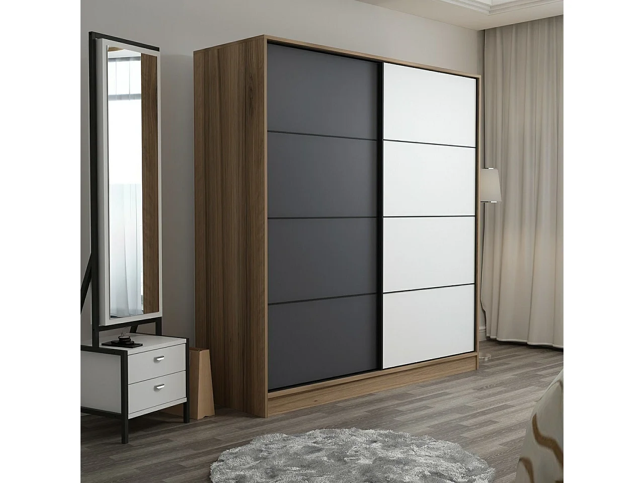 Dressing Carina Bois clair L180xH190cm avec 2 portes coulissantes Blanc et Anthracite