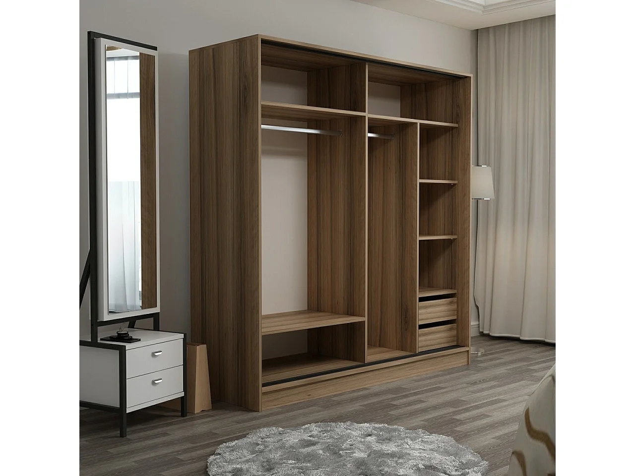 Dressing Carina Bois clair L180xH190cm avec 2 portes coulissantes Blanc et Anthracite