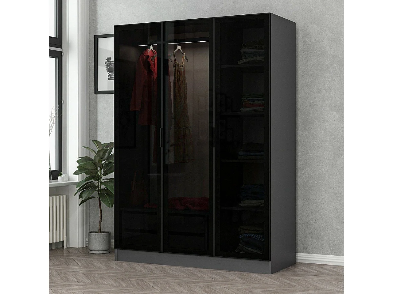 Dressing 3 portes Verre fumé Noir Antipaxos L135xH190cm 1 tringle et 2 tiroirs Anthracite