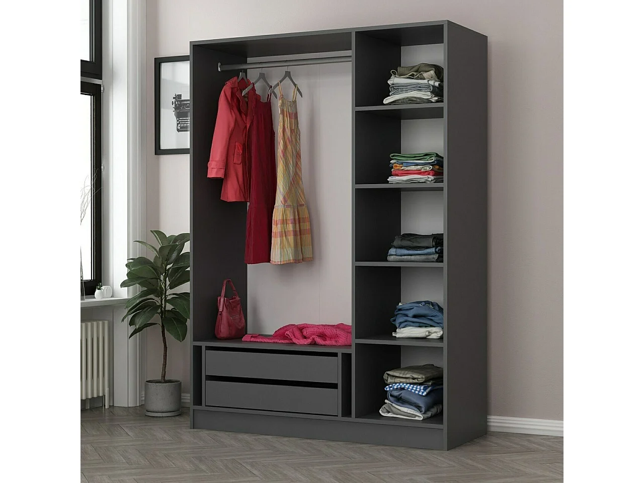 Dressing 3 portes Verre fumé Noir Antipaxos L135xH190cm 1 tringle et 2 tiroirs Anthracite