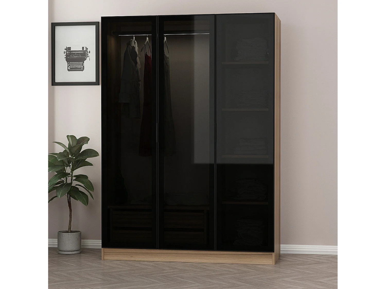 Armario Kailua S103, Roble|Negro, 210x135x52cm, Puertas de armario: Con bisagras