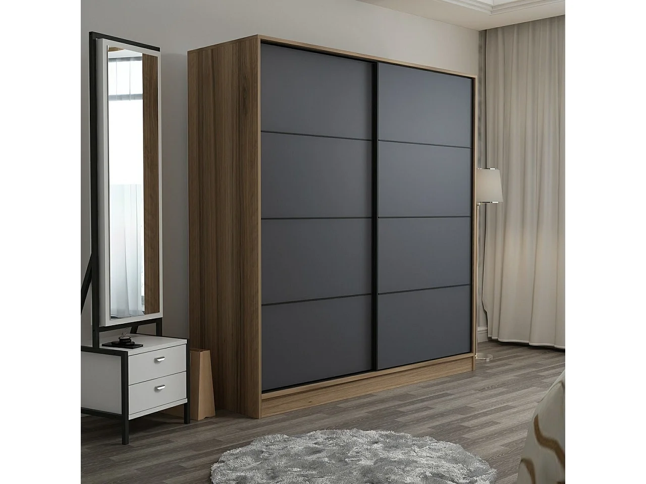 Guardaroba Kailua T102, Antracite|Quercia, 190x180x60cm, Porte guardaroba: Scorrevole