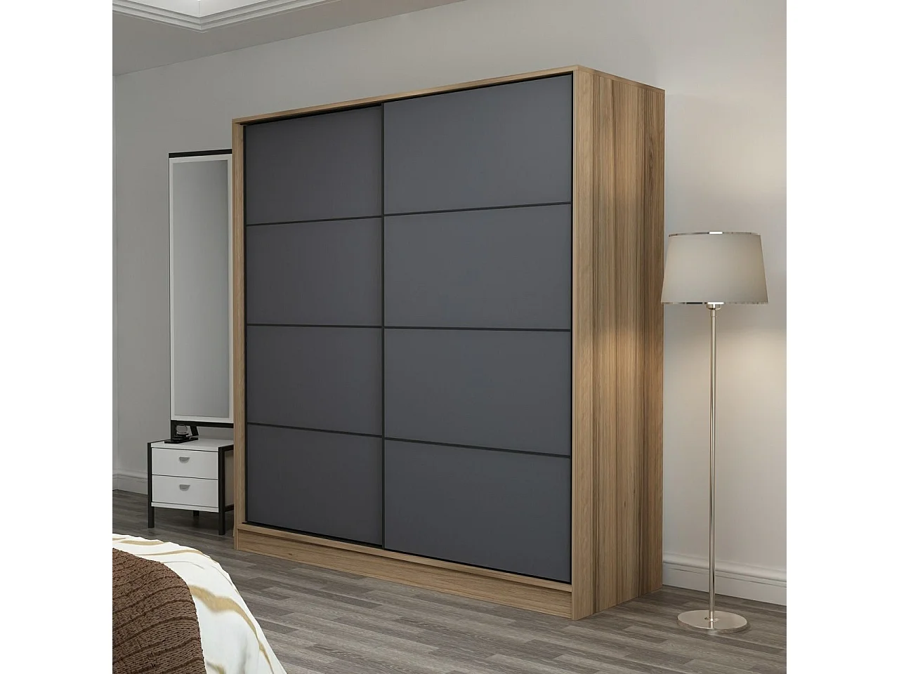 Guardaroba Kailua T102, Antracite|Quercia, 190x180x60cm, Porte guardaroba: Scorrevole