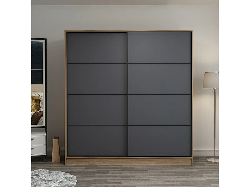 Guardaroba Kailua T102, Antracite|Quercia, 190x180x60cm, Porte guardaroba: Scorrevole