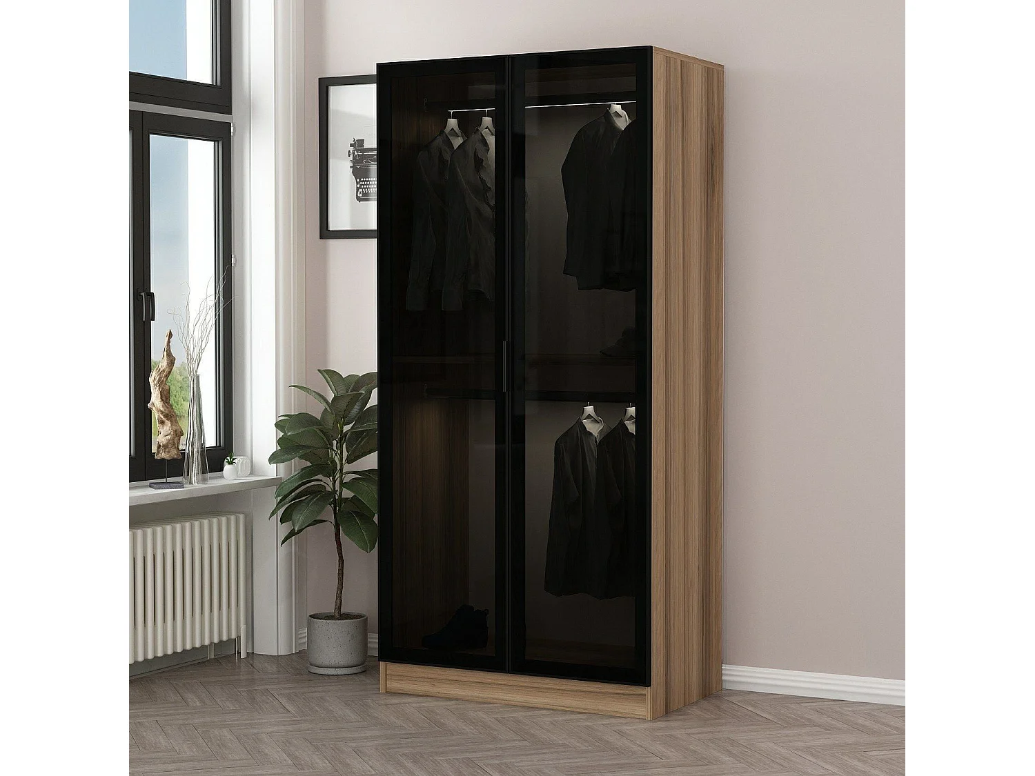 Armario Kailua S101, Negro|Roble, 210x90x52cm, Puertas de armario: Con bisagras