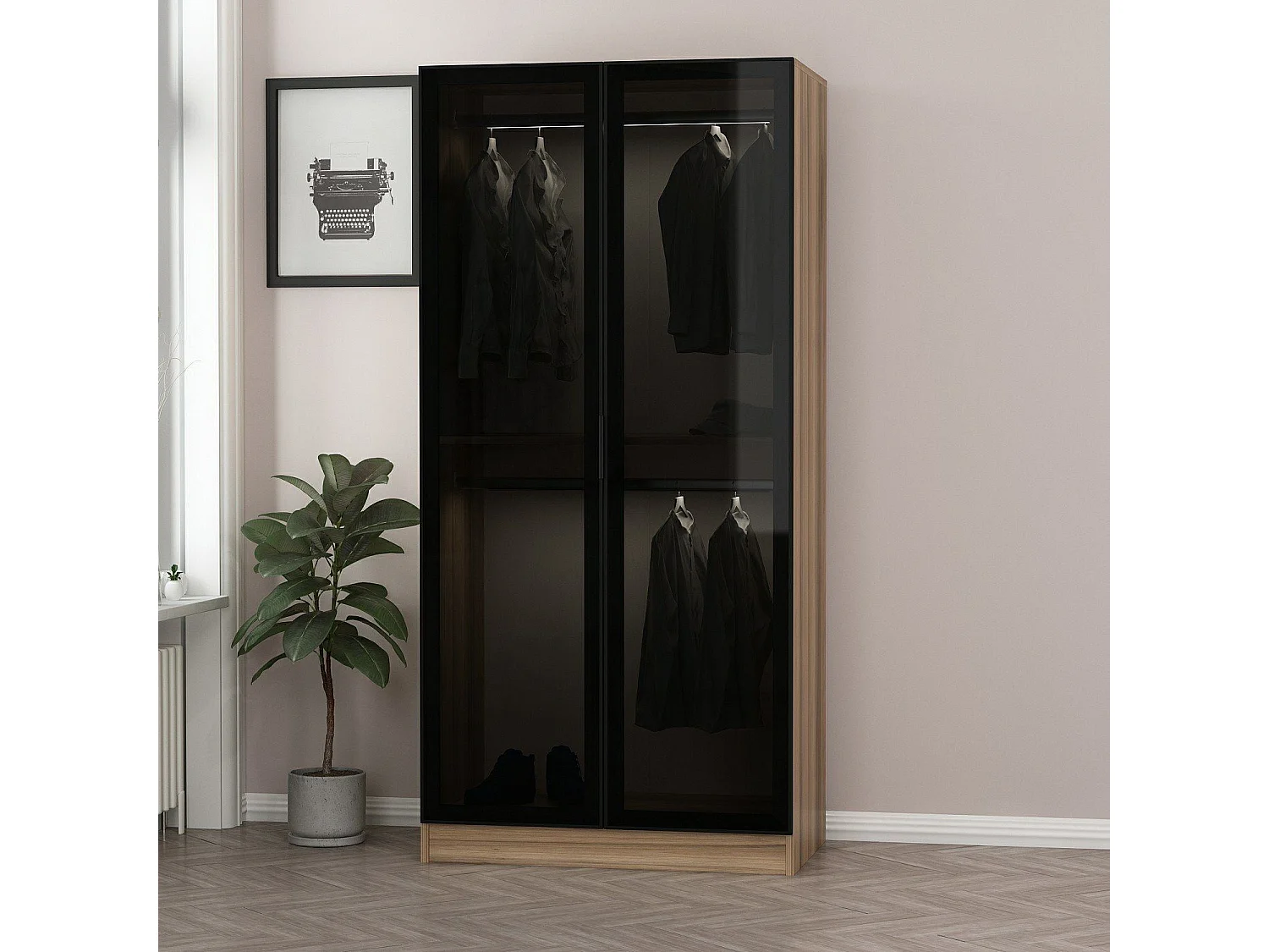Armario Kailua S101, Negro|Roble, 210x90x52cm, Puertas de armario: Con bisagras