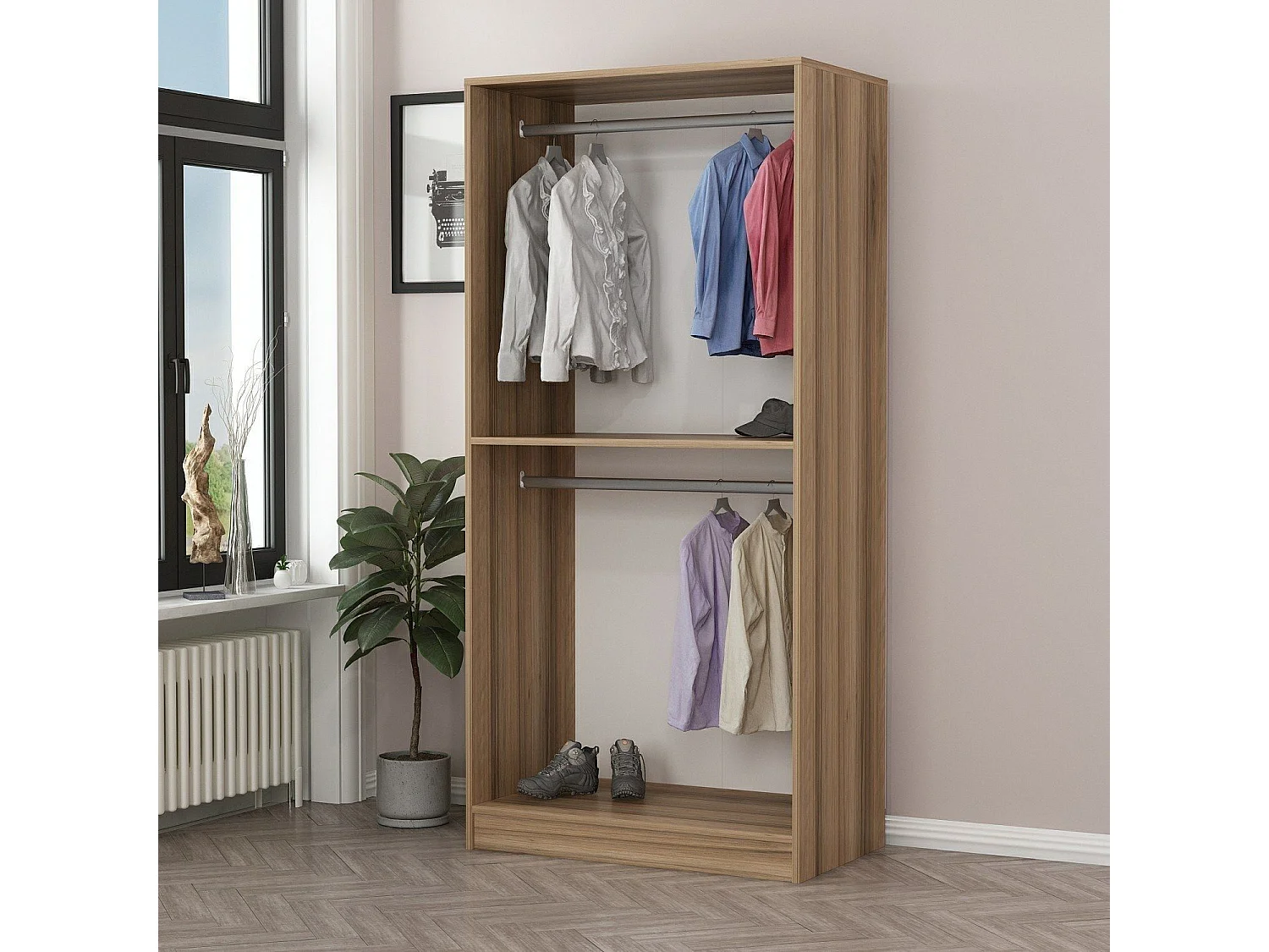 Armario Kailua S101, Negro|Roble, 210x90x52cm, Puertas de armario: Con bisagras