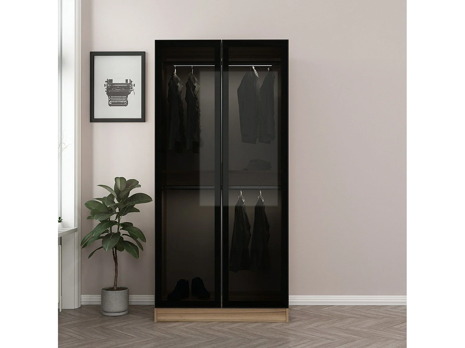 Guardaroba Kailua S101, Quercia|Nero, 210x90x52cm, Porte guardaroba: Con cerniere