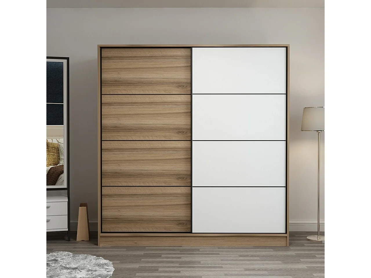Guardaroba Kailua T103, Bianco|Quercia, 210x180x60cm, Porte guardaroba: Scorrevole
