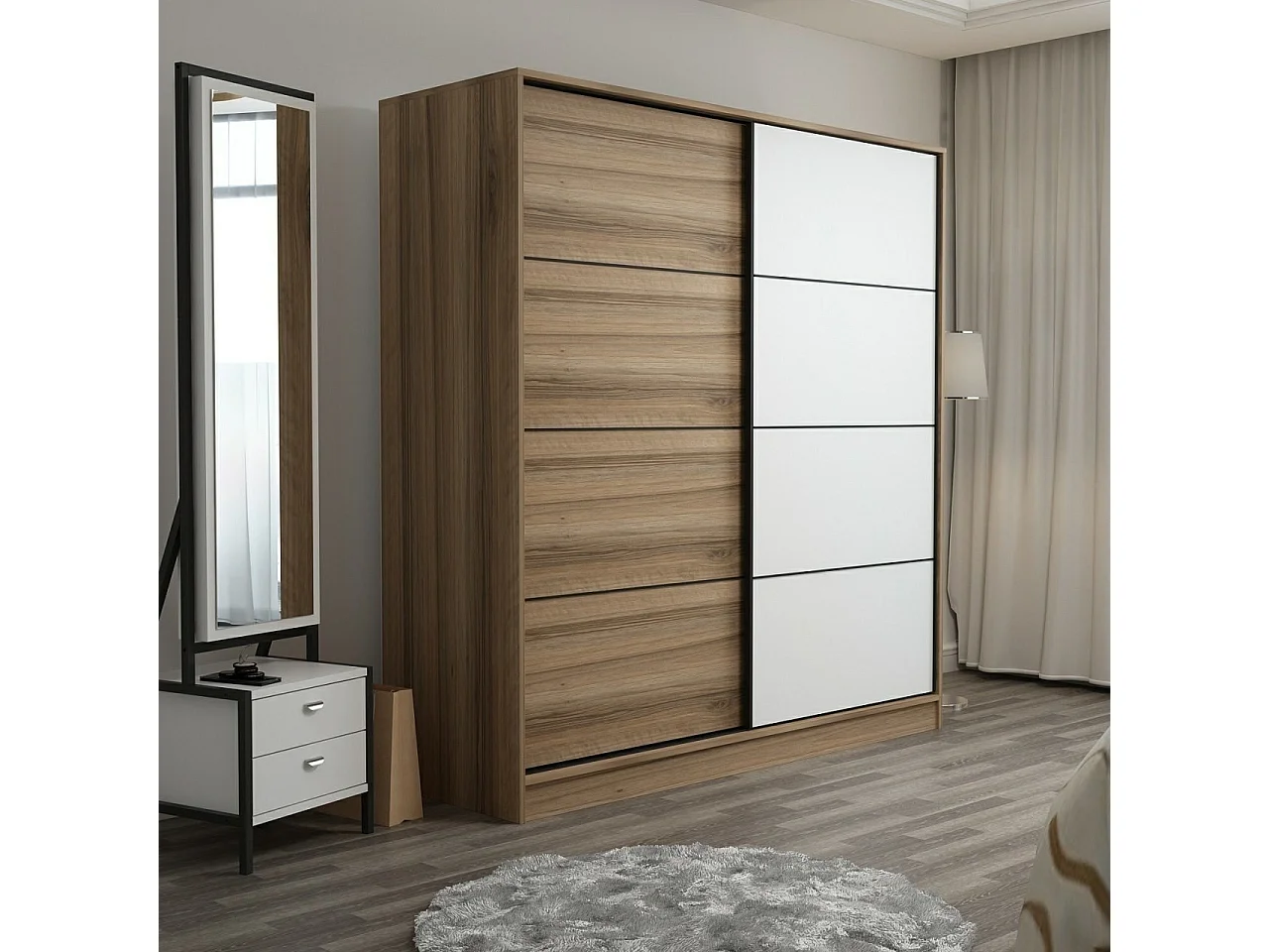Guardaroba Kailua T103, Bianco|Quercia, 210x180x60cm, Porte guardaroba: Scorrevole