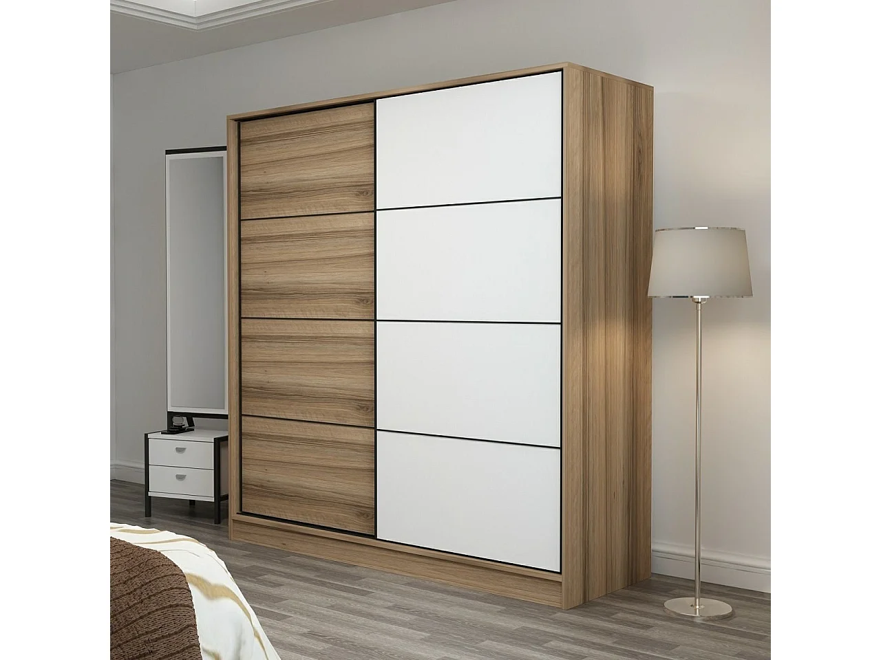 Guardaroba Kailua T103, Bianco|Quercia, 210x180x60cm, Porte guardaroba: Scorrevole