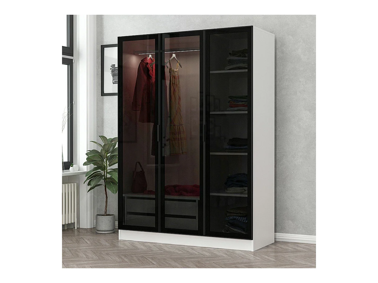 Armario Kailua S102, Negro|Blanco, 190x135x52cm, Puertas de armario: Con bisagras
