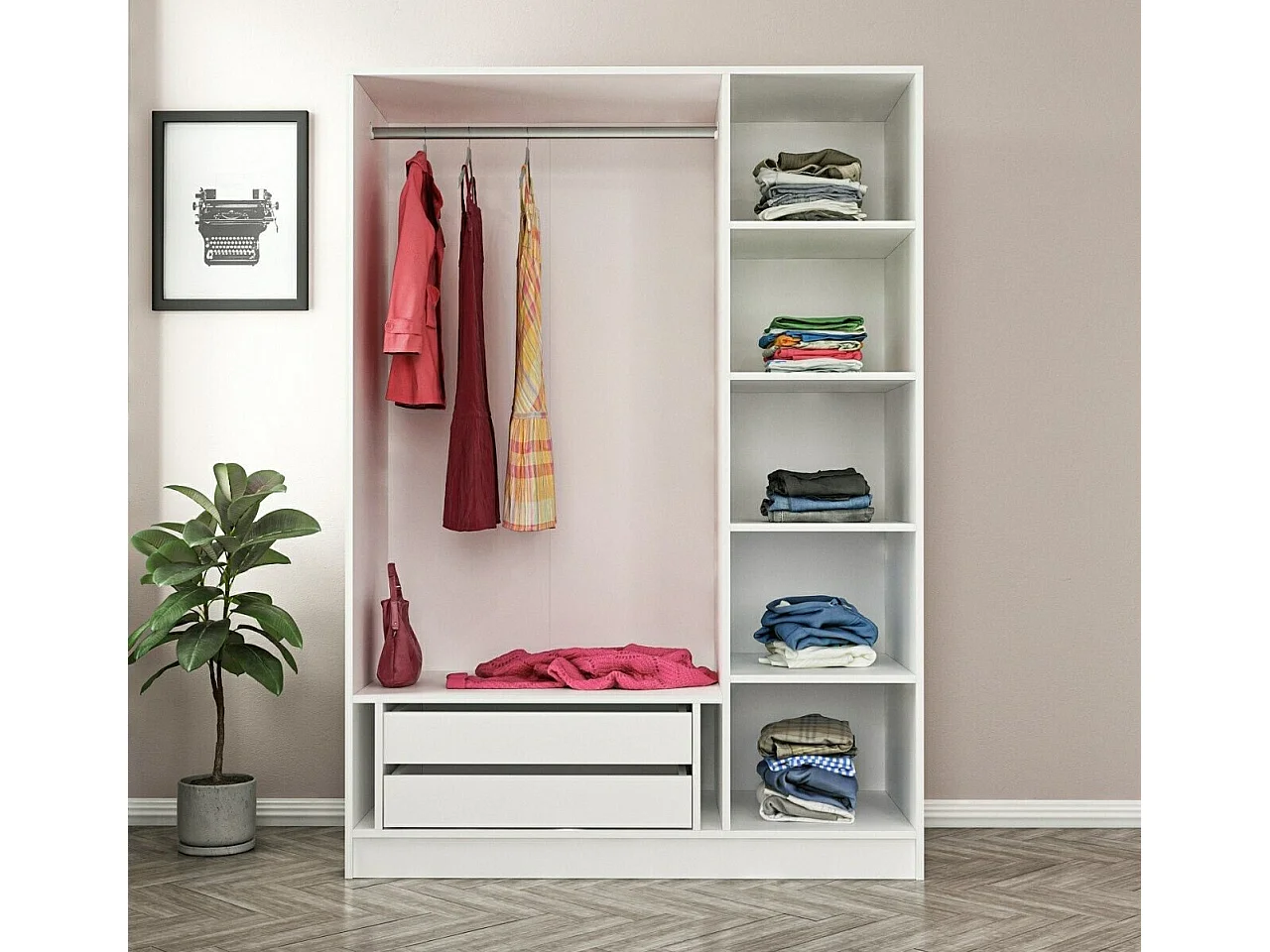 Dressing 3 portes Verre fumé Noir Antipaxos L135xH190cm 1 tringle et 2 tiroirs Blanc