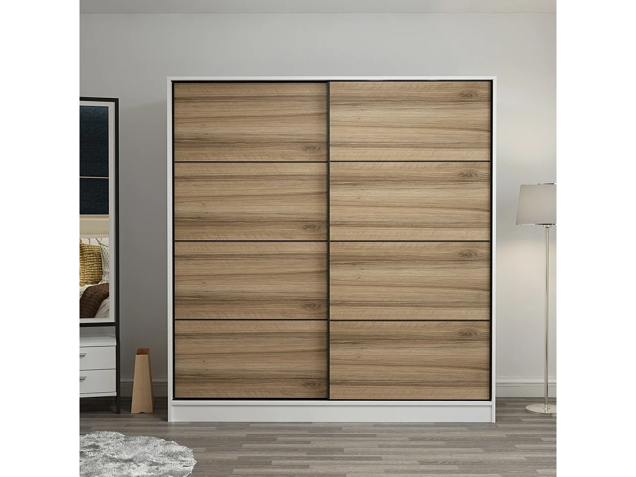 Guardaroba Kailua T103, Bianco|Quercia, 210x180x60cm, Porte guardaroba: Scorrevole