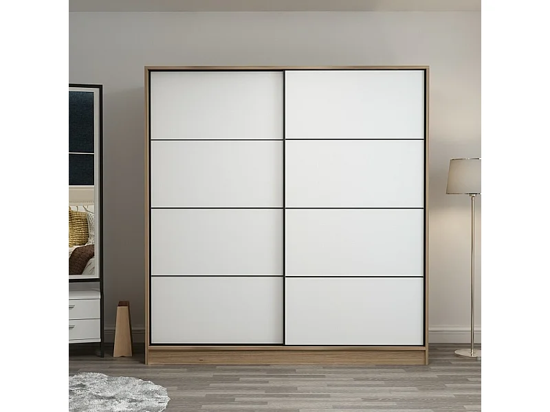 Guardaroba Kailua T103, Quercia|Bianco, 210x180x60cm, Porte guardaroba: Scorrevole