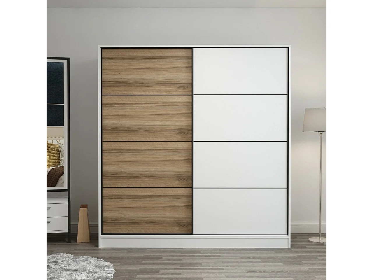 Dressing Carina Blanc L180xH190cm avec 2 portes coulissantes Bois clair