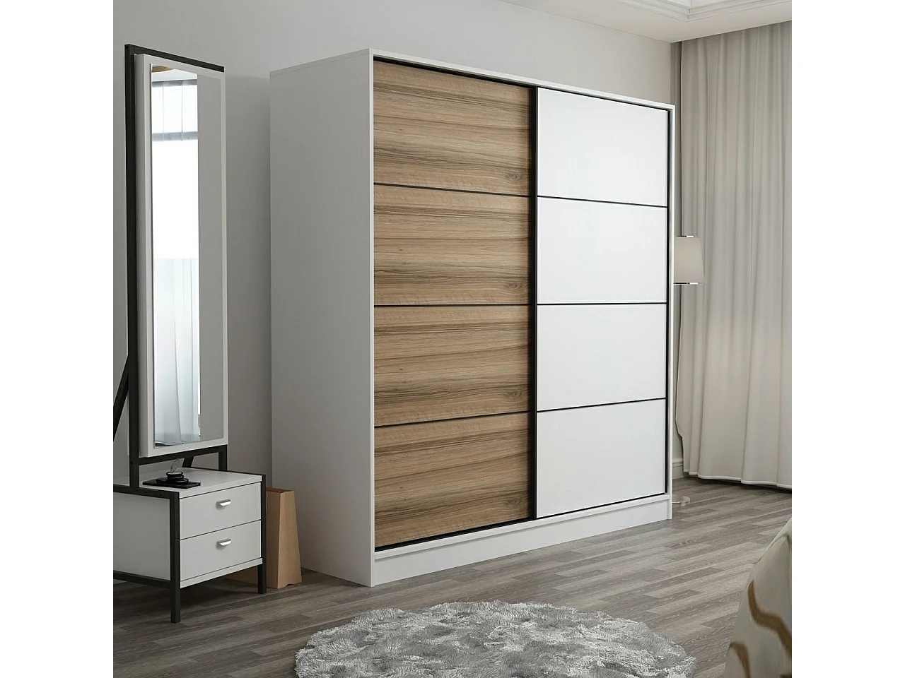 Dressing Carina Blanc L180xH190cm avec 2 portes coulissantes Bois clair