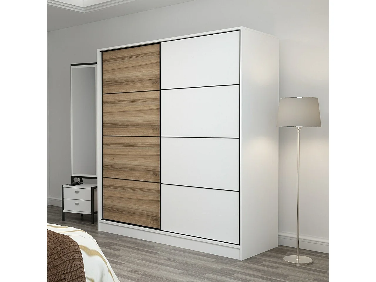 Dressing Carina Blanc L180xH190cm avec 2 portes coulissantes Bois clair