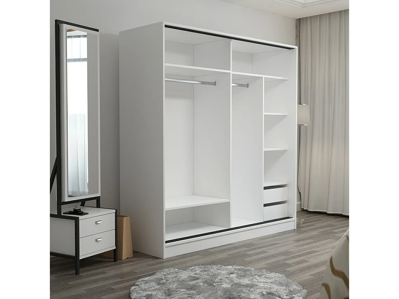 Dressing Carina Blanc L180xH190cm avec 2 portes coulissantes Bois clair