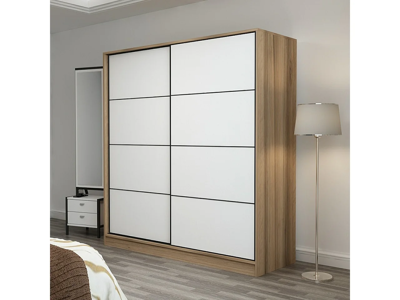 Guardaroba Kailua T102, Quercia|Bianco, 190x180x60cm, Porte guardaroba: Scorrevole