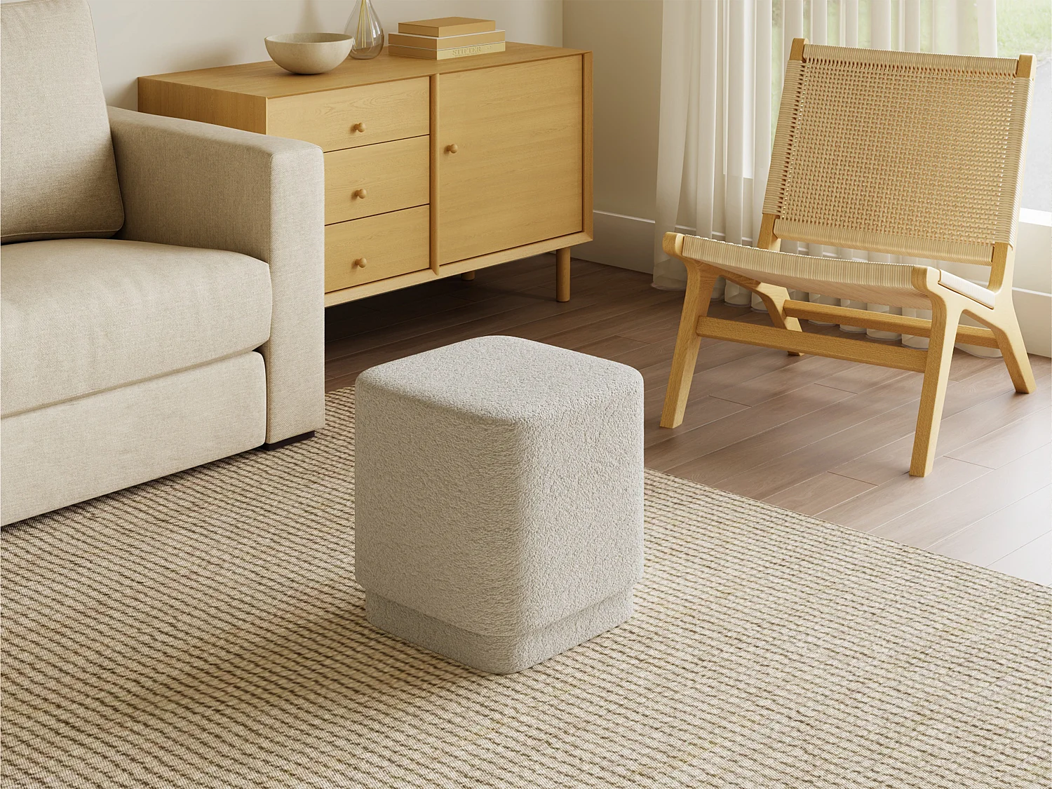 Pouf en tissu bouclette blanc cassé ELVORO