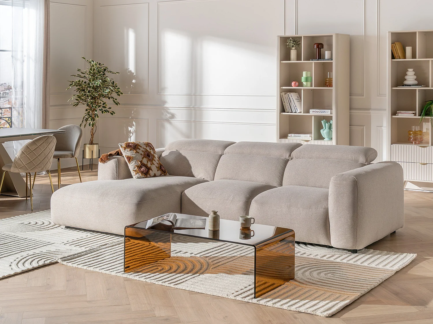 Canapé d'angle gauche en tissu chiné beige NELORIM