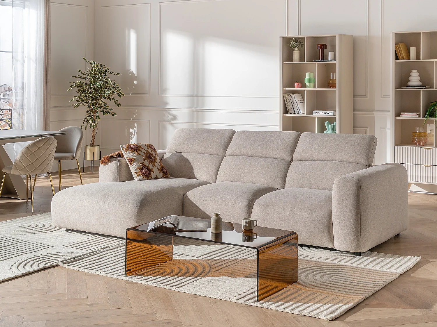 Canapé d'angle gauche en tissu chiné beige NELORIM