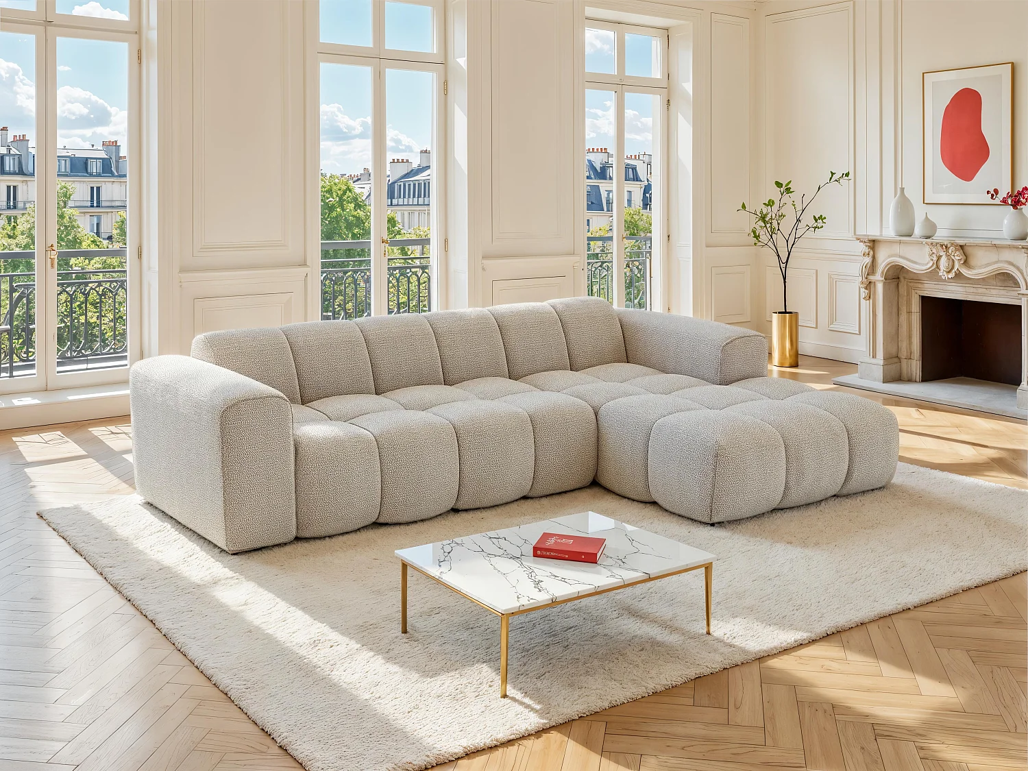 Hjørnesofa højre i beige chenille stof CALESO fra Maison Céphy