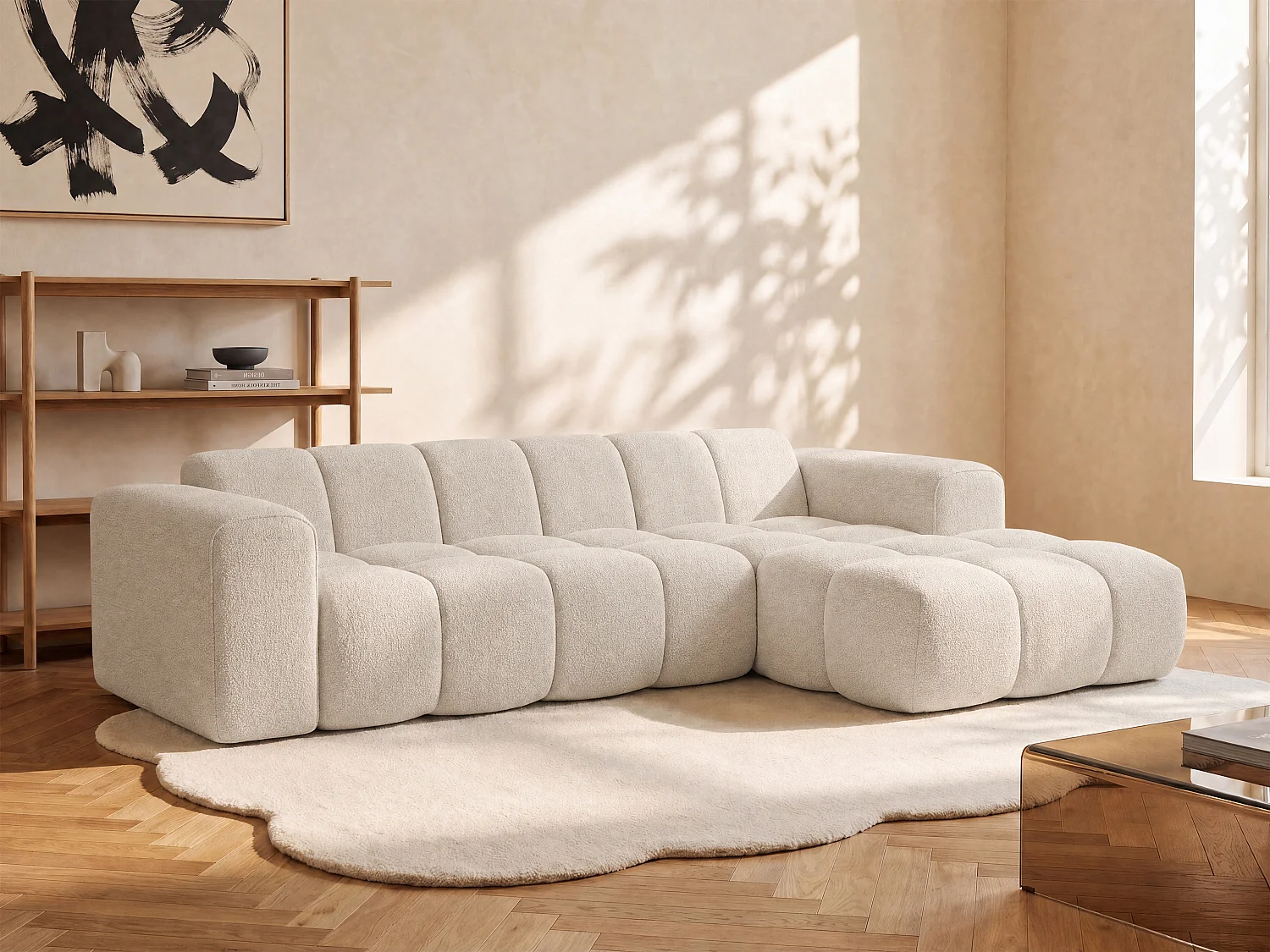 Ecksofa rechts - Chenille-Stoff - Beige - CALESO von Maison Céphy