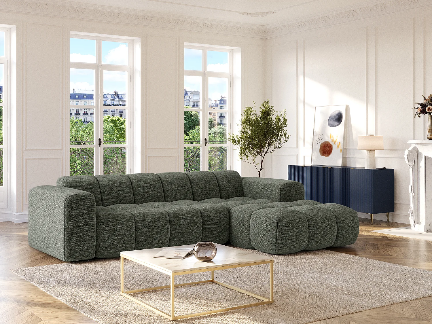 Canapé d'angle droit en tissu chenille vert CALESO de Maison Céphy