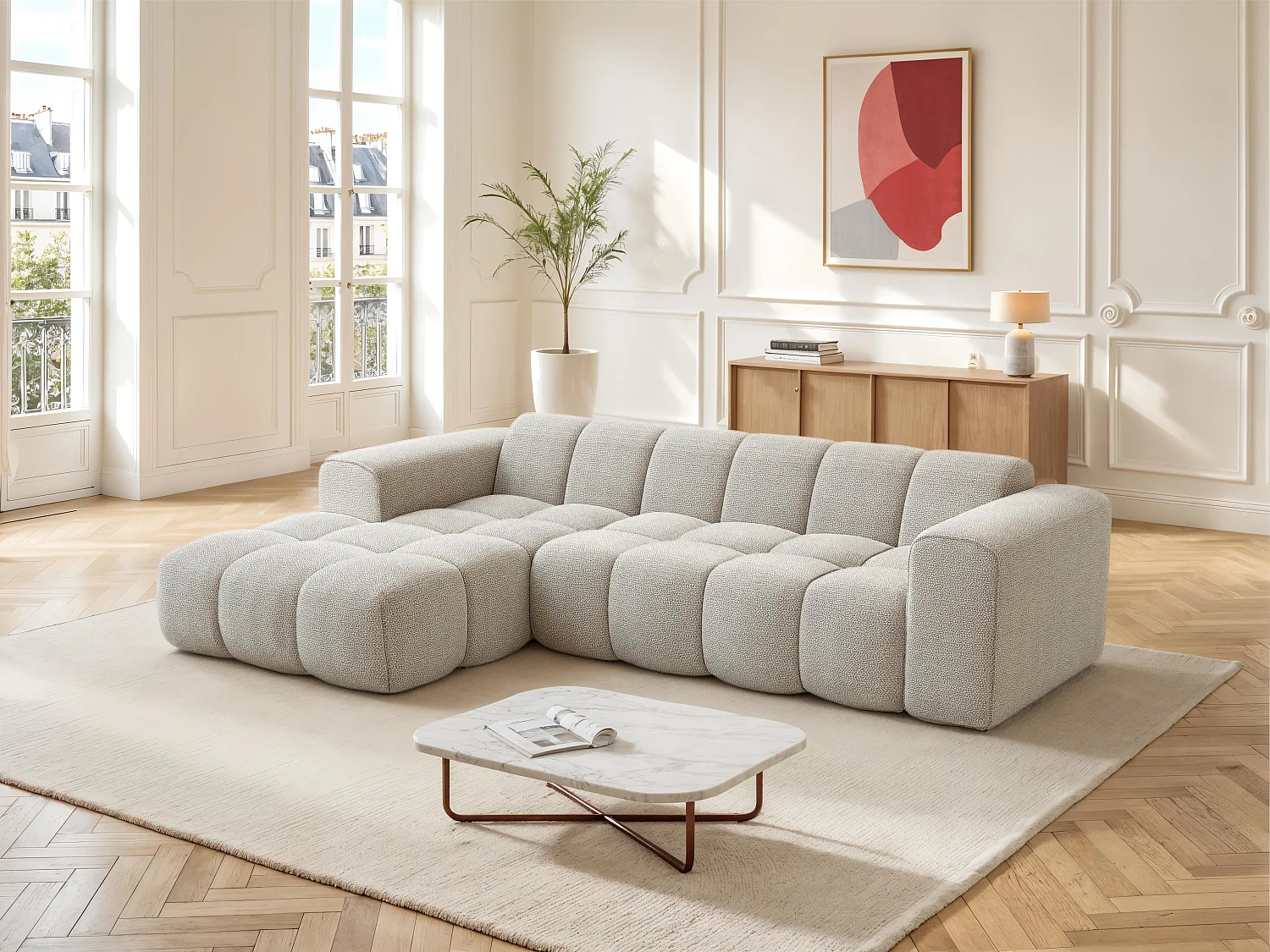 Canapé d'angle gauche en tissu chenille beige CALESO de Maison Céphy