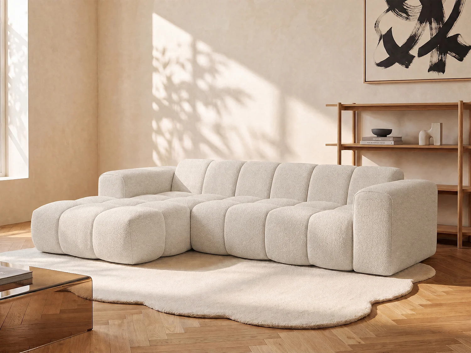 Canapé d'angle gauche en tissu chenille beige CALESO de Maison Céphy