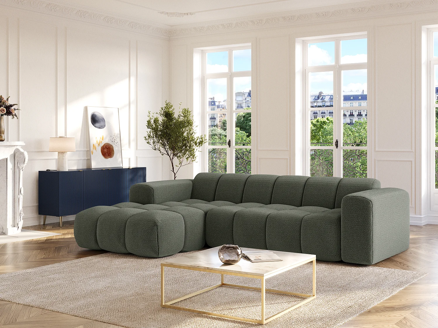 Canapé d'angle gauche en tissu chenille vert CALESO de Maison Céphy