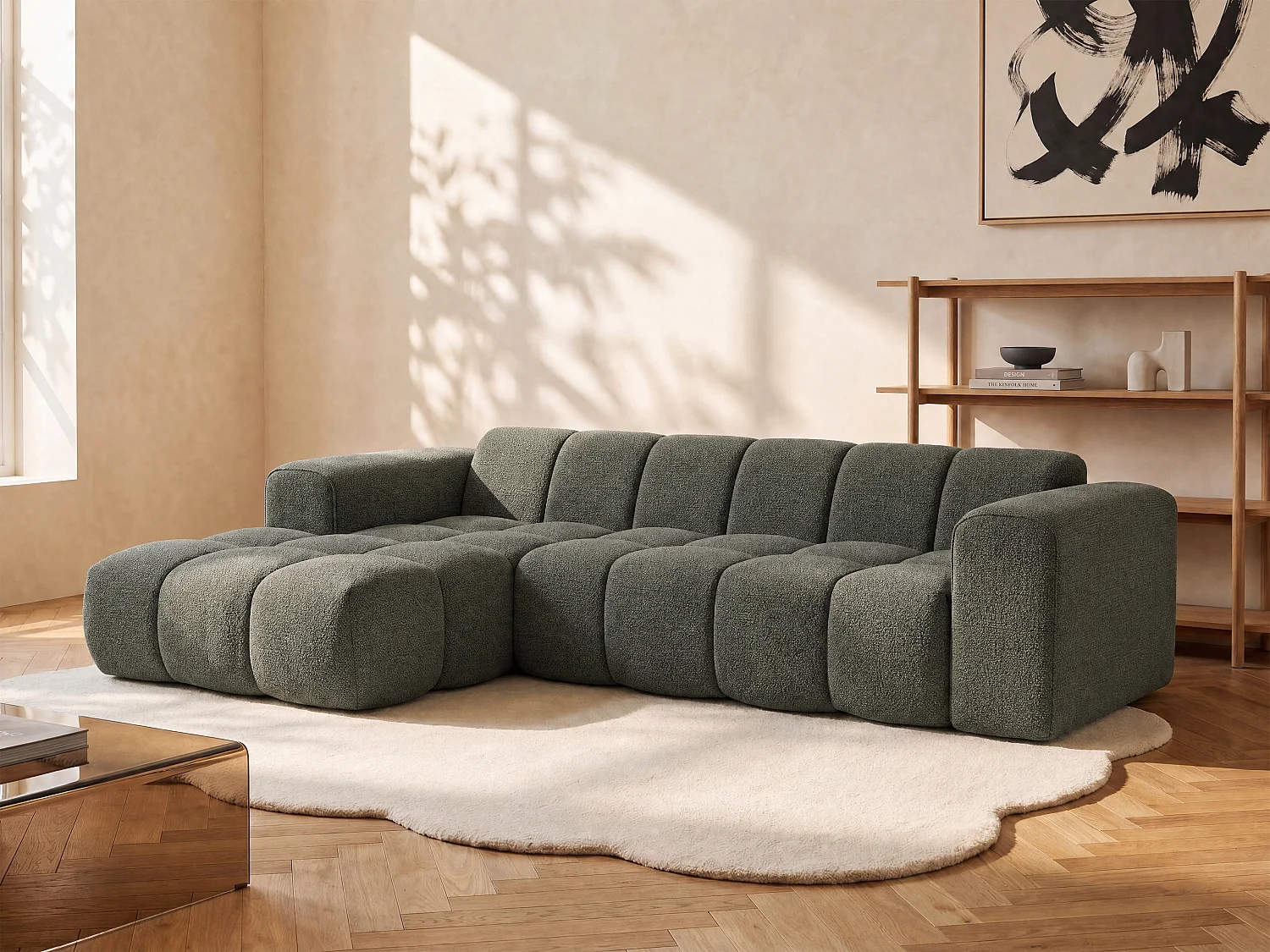 Ecksofa links - Chenille-Stoff - Grün - CALESO von Maison Céphy