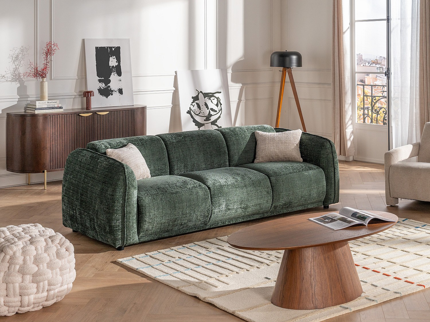 Sofa 3-Sitzer - Chenille-Stoff - Grün - JUNETI günstig online kaufen