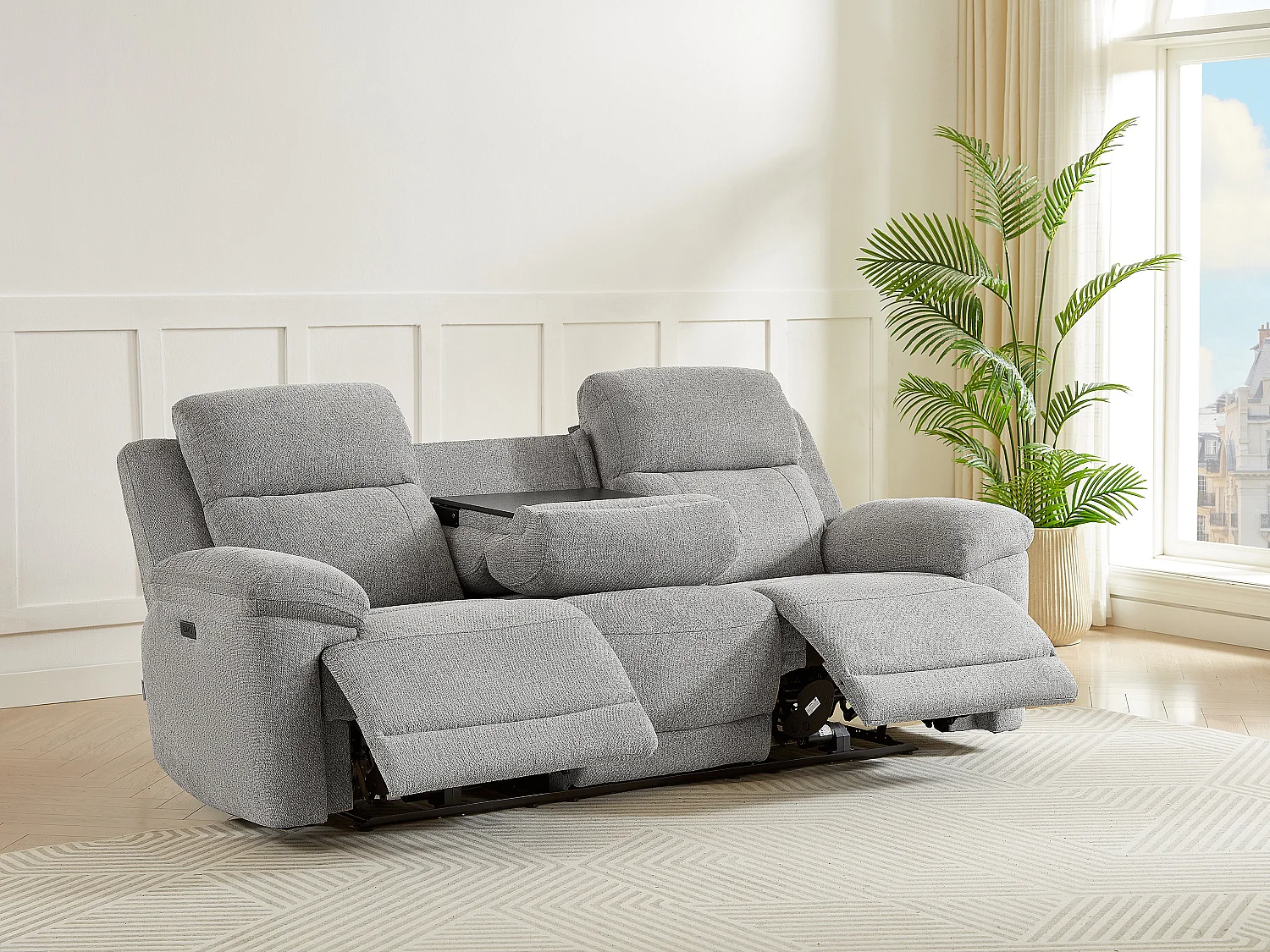 Canapé 3 places relax électrique avec tablette en tissu chiné gris KELUNO