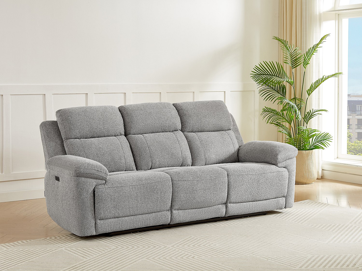Relaxsofa 3-Sitzer elektrisch mit Ablage – melierter Stoff – Grau – KELUNO günstig online kaufen