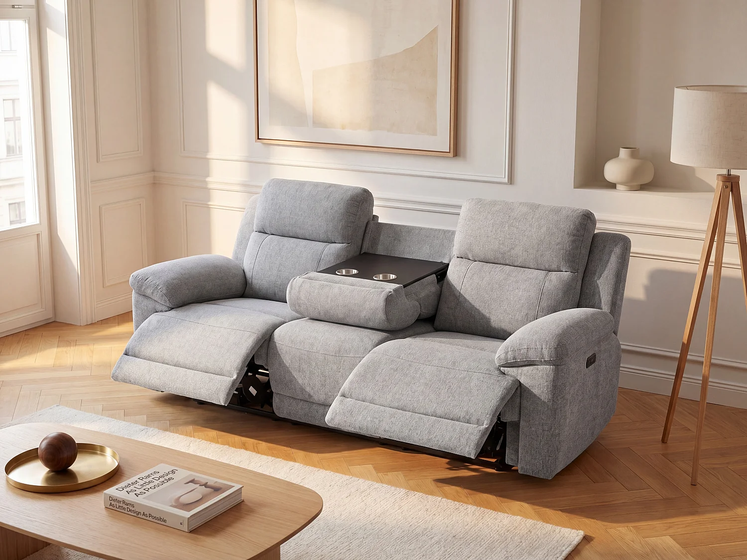 Divano 3 posti relax elettrico con ripiano in tessuto melange grigio - KELUNO