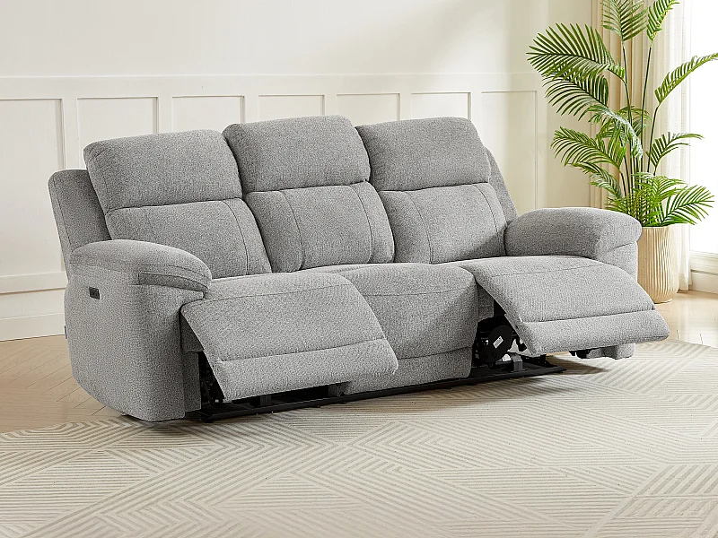 Canapé 3 places relax électrique avec tablette en tissu chiné gris KELUNO